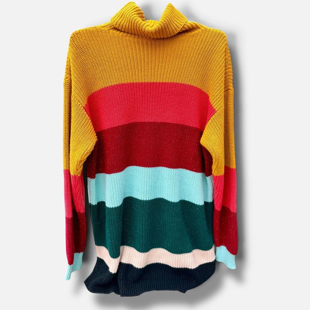 FARM Rio Anthropologie Boldly Striped Lurex Turtleneck Sweater L Colorblock